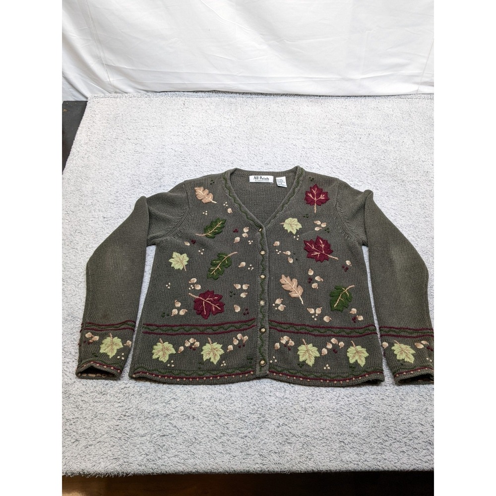 Vintage 90s All Points by Reference‎ Point Embroidered Fall Leaf Button Cardigan